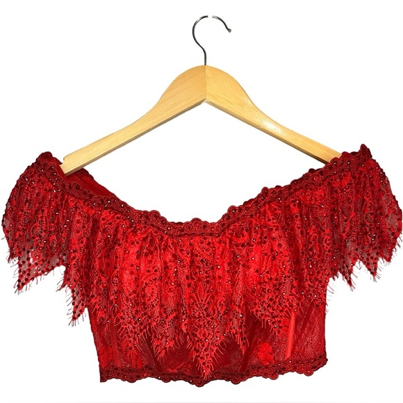 ellie wilde Tops - Ellie Wilde Red Sparkle Lace Off-Shoulder Corset Crop Top